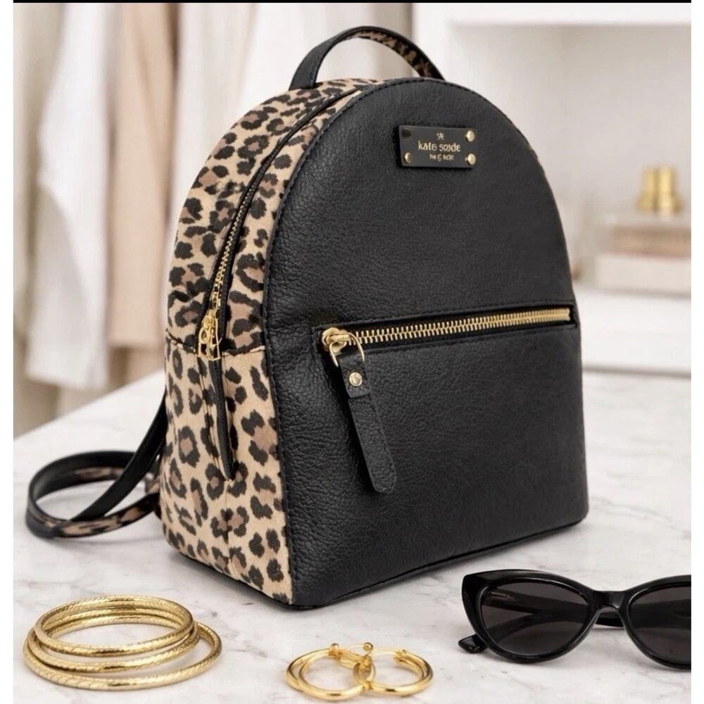 Kate Spade NY Leopard Print Mini Backpack Black Pebbled Leather Gold Hardware